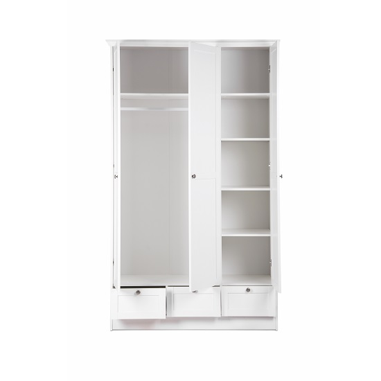 Country Wooden Wardrobe In White With 3 Doors And 3 Drawers_3