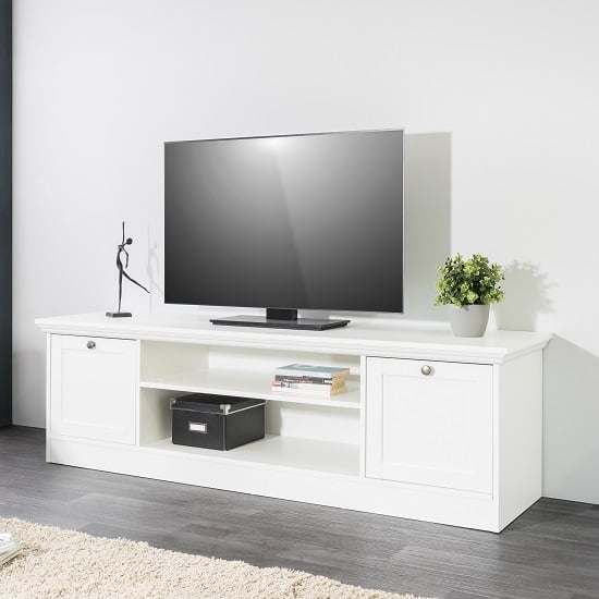 Read more about Country wooden tv stand in white with 2 doors