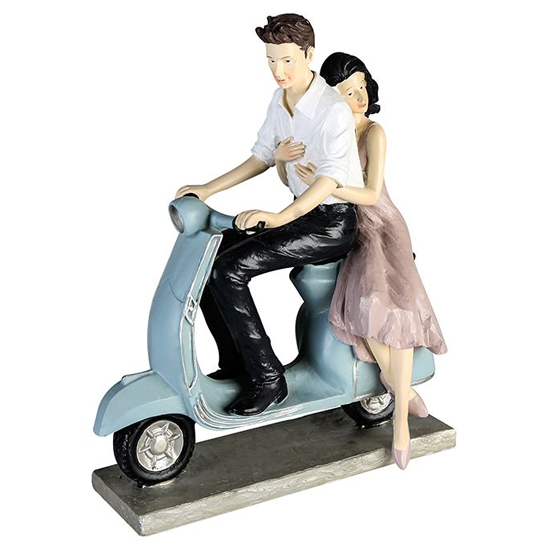 Photo of Couple on scooter poly design sculpture in light blue and white