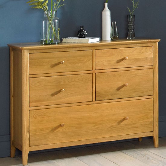Product photograph of Courbet Wide Chest Of Drawers In Light Solid Oak With 5 Drawers from Furniture in Fashion