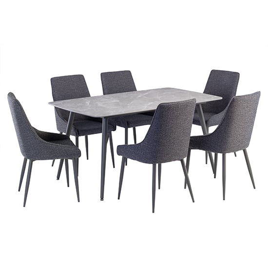 Covelo Grey Ceramic Dining Table With 6 Rimini Blue Chairs