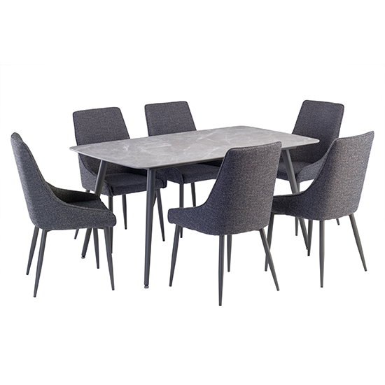 Photo of Coveta grey ceramic dining table with 6 remika blue chairs