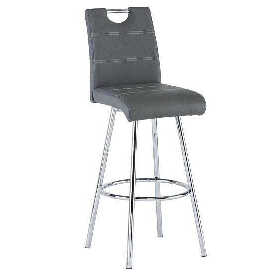 Crafton Bar Stool In Grey Faux Leather With Chrome Frame