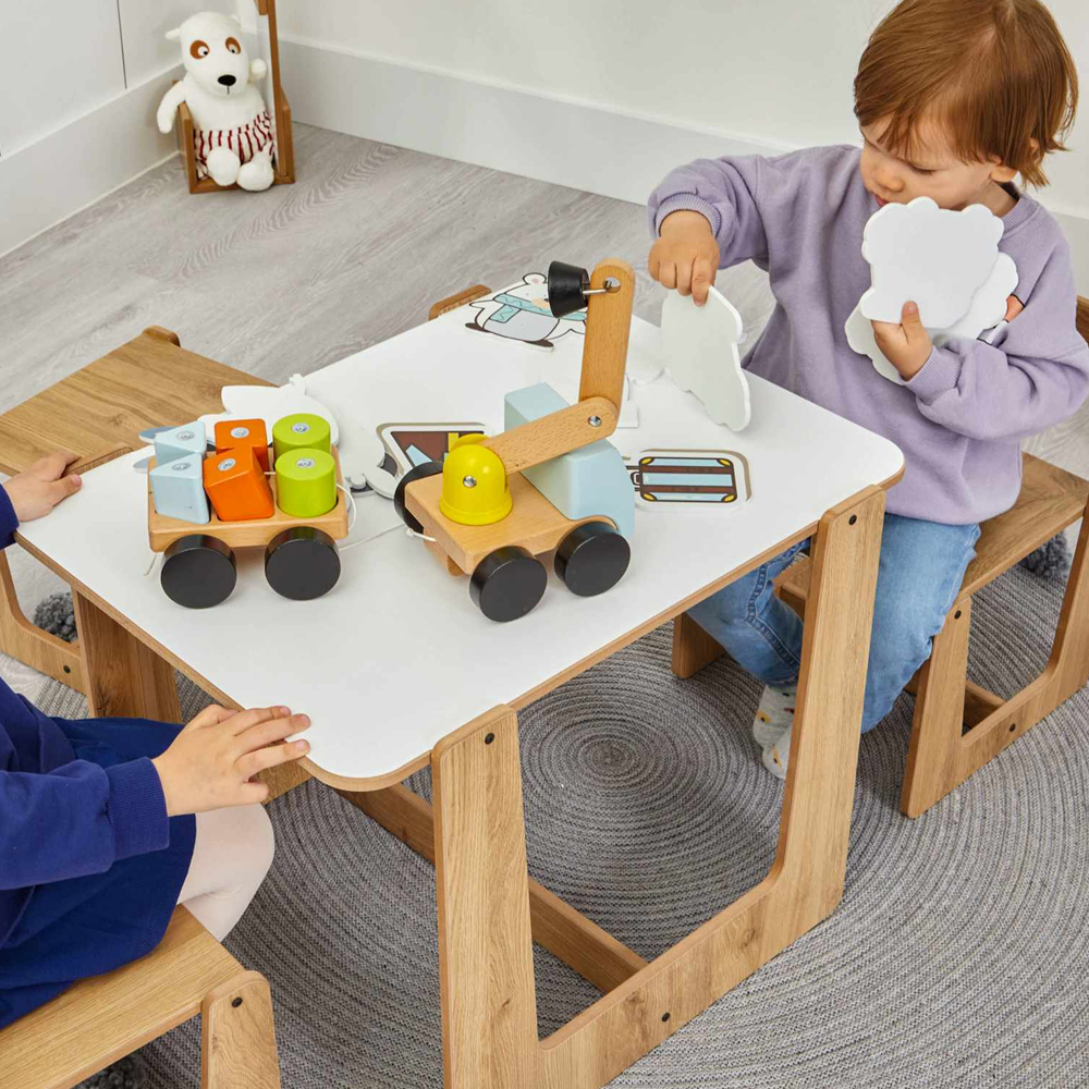 Crane Wooden Kids Table with 2 Chairs in White and Natural