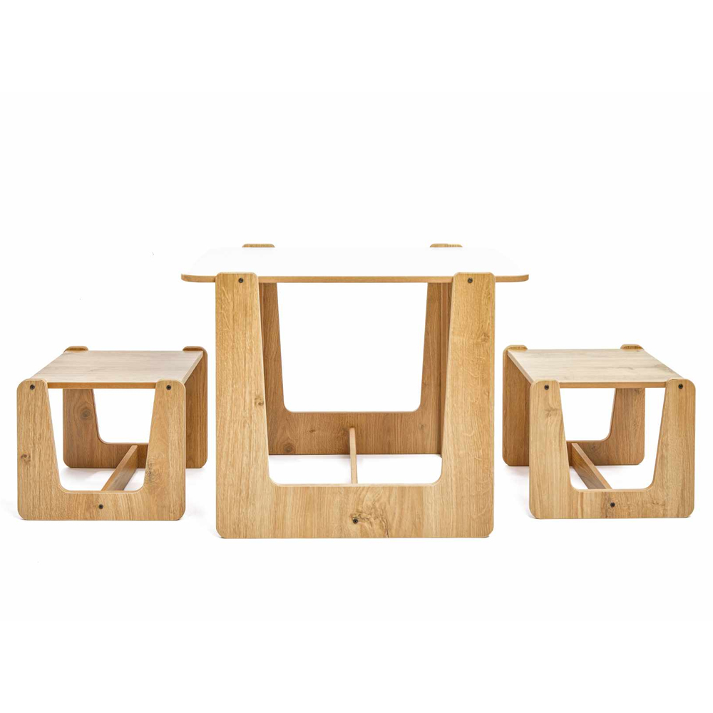 Crane Wooden Kids Table with 2 Stools in White and Natural