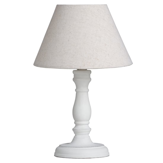Read more about Crania wooden table lamp in white with beige shade