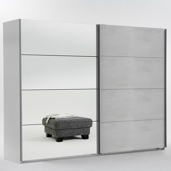 Crato Mirrored Sliding Wardrobe In White And Concrete Light Grey