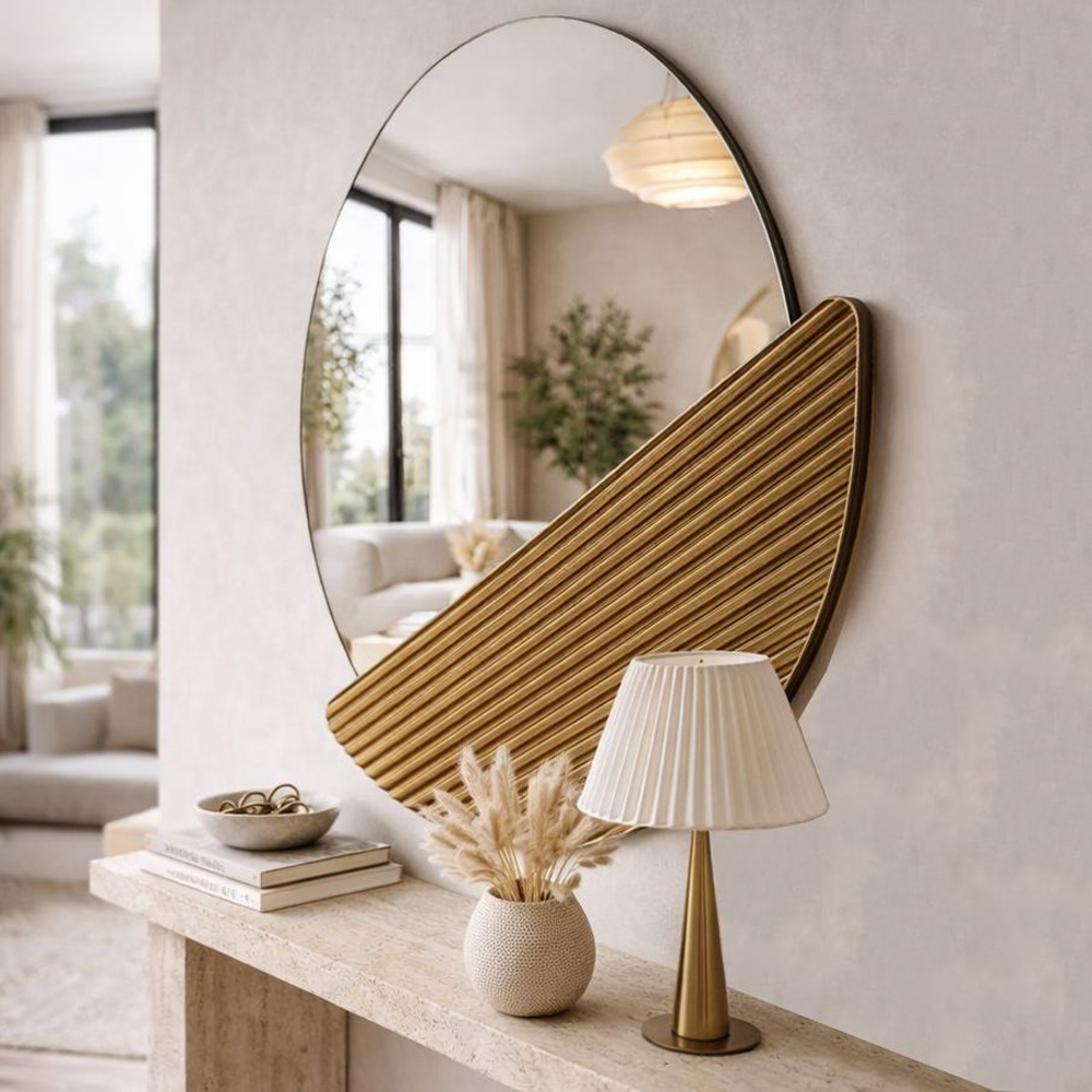 Crescent Glass Wall Mirror with Bronze Wooden Frame