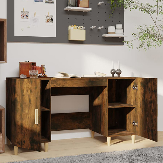 Cress Wooden Computer Desk With 2 Door In Smoked Oak