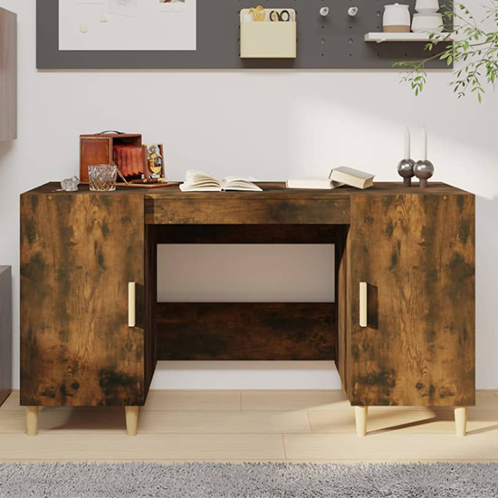 Cress Wooden Computer Desk With 2 Door In Smoked Oak