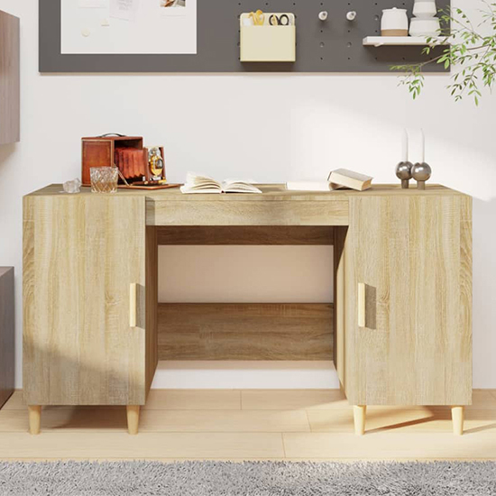 Product photograph of Cress Wooden Computer Desk With 2 Door In Sonoma Oak from Furniture in Fashion