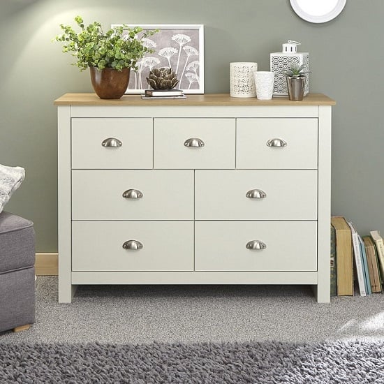 Read more about Loftus wide chest of drawers in cream with oak effect top