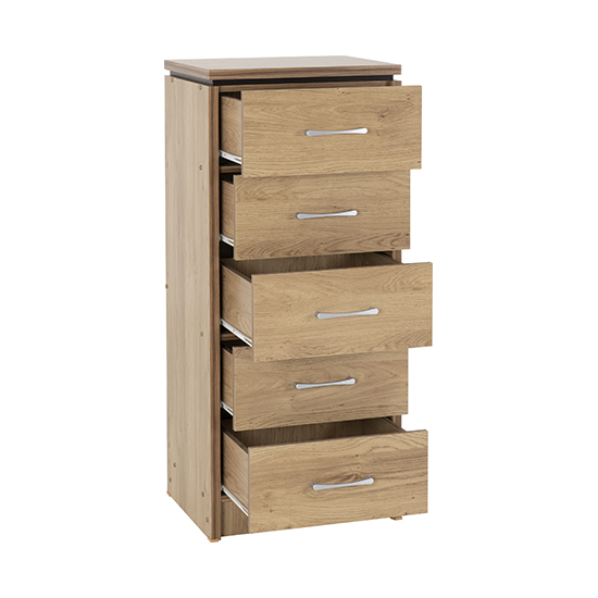 Crieff Narrow Wooden Chest Of 5 Drawers In Oak Effect