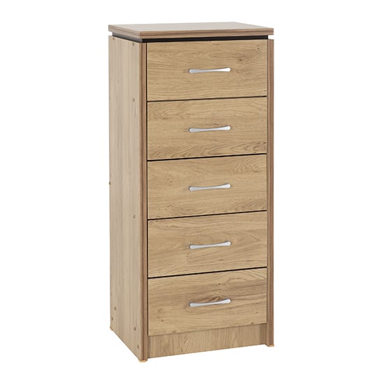 Photo of Crieff narrow wooden chest of 5 drawers in oak effect