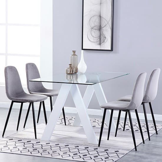 Criss Cross Glass Dining Set With 4 Alpine Grey Velvet Chairs