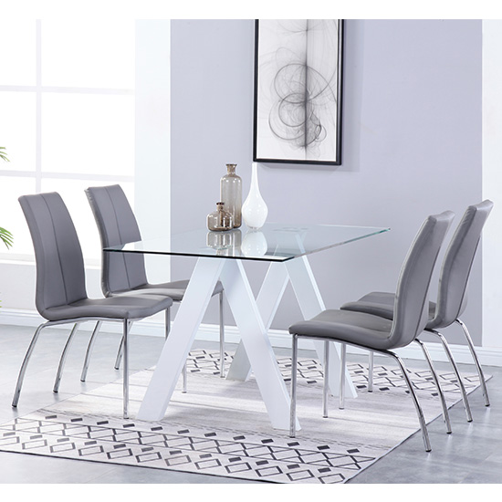 Criss Cross Glass Dining Set With 4 Boston Grey Leather Chairs