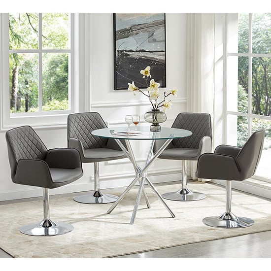 Read more about Criss cross glass dining table with 4 bucketeer grey chairs