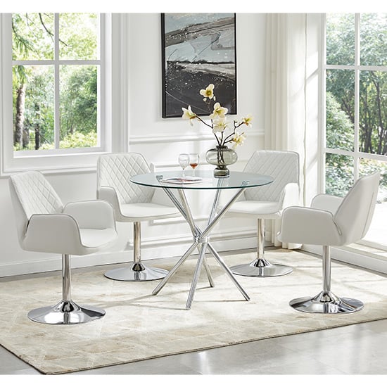 Read more about Criss cross glass dining table with 4 bucketeer white chairs