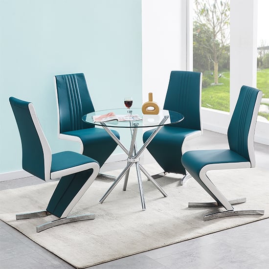 Product photograph of Criss Cross Glass Dining Table With 4 Gia Teal White Chairs from Furniture in Fashion