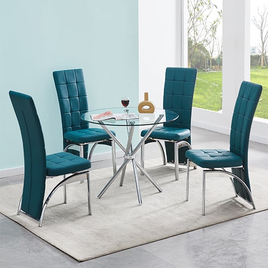 Criss Cross Glass Dining Table With 4 Ravenna Teal Chairs_1