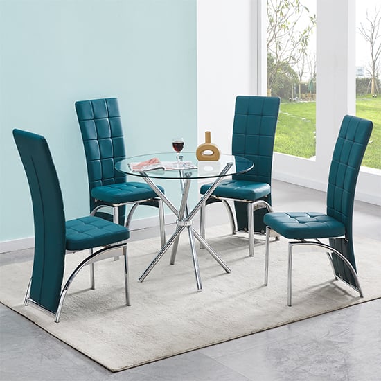 Read more about Criss cross glass dining table with 4 ravenna teal chairs