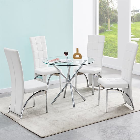 Read more about Criss cross glass dining table with 4 ravenna white chairs