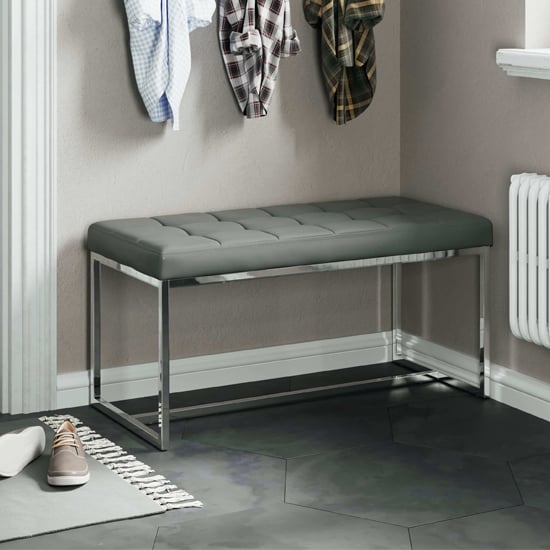 Croatia Dining Bench In Grey PU Leather With Chrome Legs