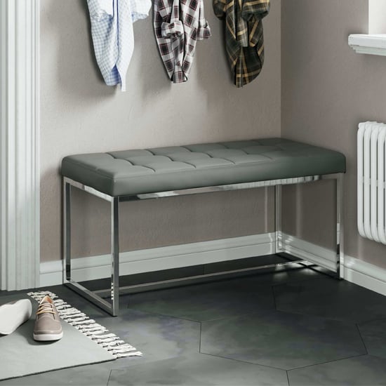 Read more about Croatia dining bench in grey pu leather with chrome legs