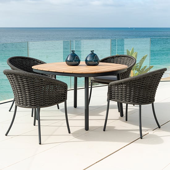 Read more about Crod outdoor 1200mm roble dining table with 4 armchairs in grey