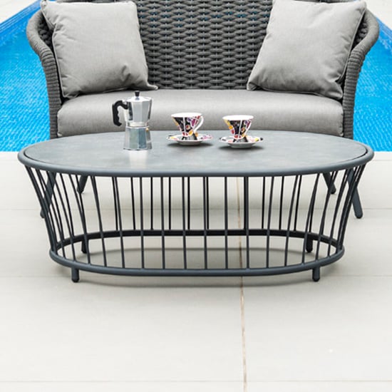 Product photograph of Crod Outdoor Pebble Wooden Coffee Table With Grey Metal Frame from Furniture in Fashion