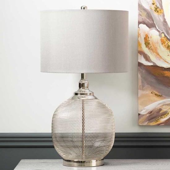 Product photograph of Crosby Dark Grey Shade Table Lamp With Chrome Wire Mesh Base from Furniture in Fashion