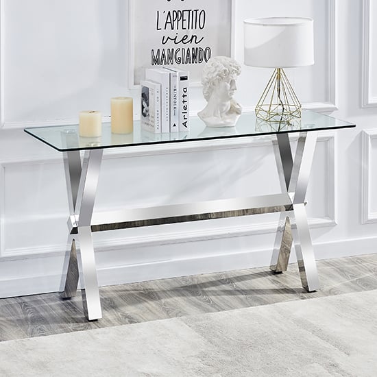 Read more about Crossley clear glass console table with stainless steel legs