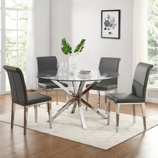 Photo of Crossley round glass dining set with 4 kirkland grey chairs