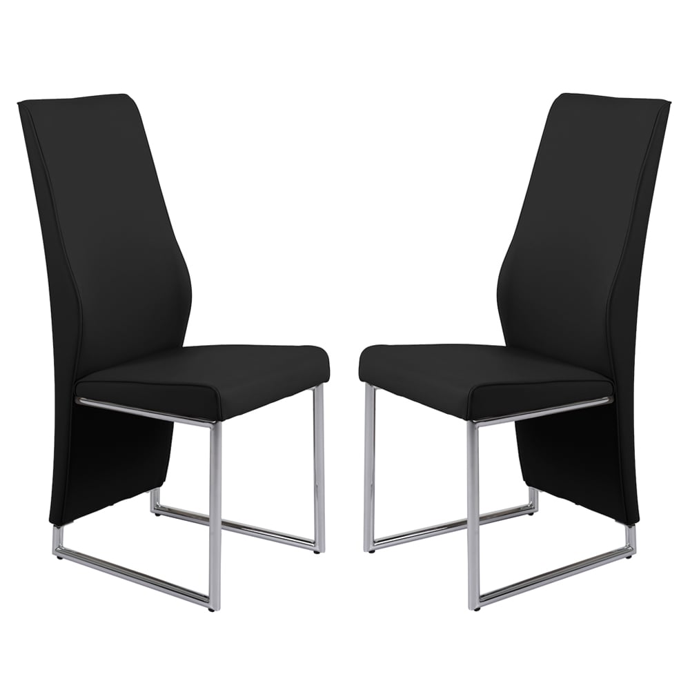 Crowley Black Leather Dining Chairs With Chrome Legs In Pair