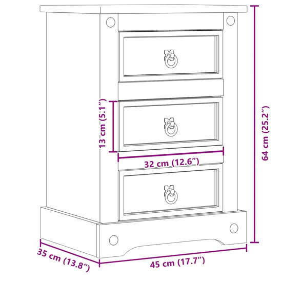 Croydon Wooden Bedside Cabinet Medium With 3 Drawers In Brown