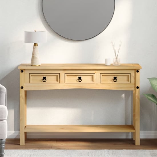 Read more about Croydon wooden console table with 3 drawers in brown