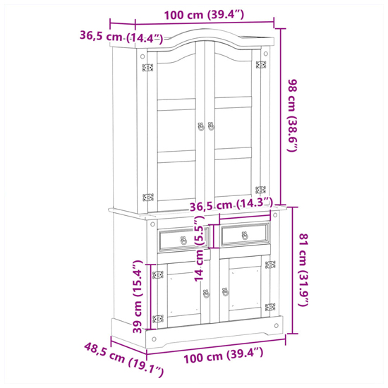 Croydon Wooden Display Cabinet With 4 Doors 2 Drawers In Brown
