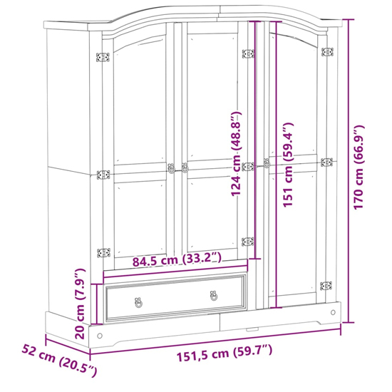 Croydon Wooden Wardrobe With 3 Doors 1 Drawer In Brown