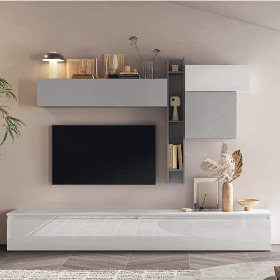 Read more about Cruz high gloss entertainment unit in white gesso slate effect