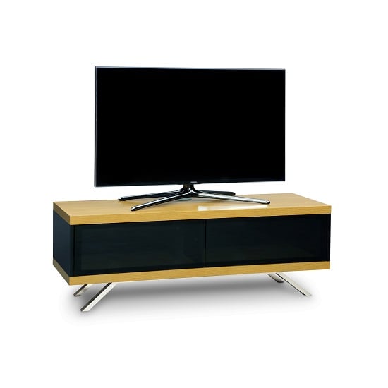 Photo of Cubic tv stand in black gloss with oak top and bottom panel