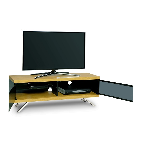 Cubic TV Stand In Black Gloss With Oak Top And Bottom Panel_2