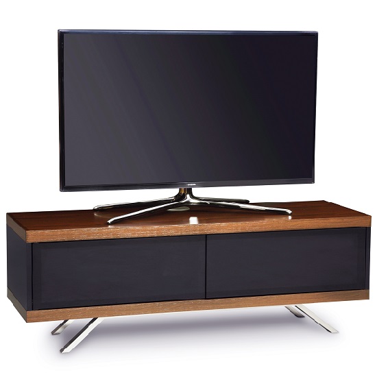 Photo of Cubic tv stand in black gloss with walnut top and bottom panel