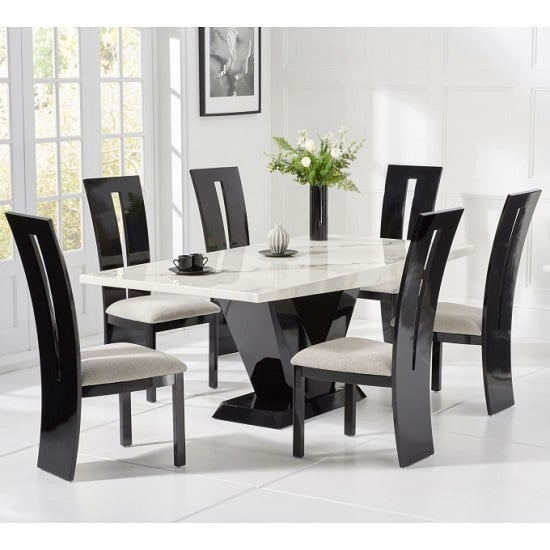 Photo of Culler large white marble dining table with six ophelia chairs