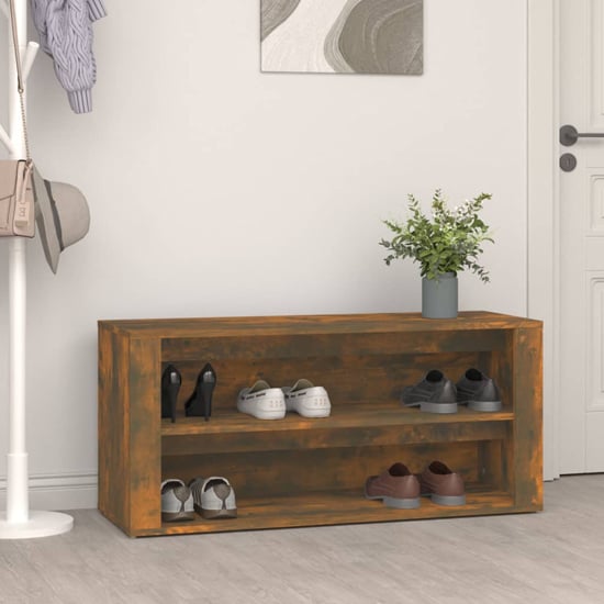 Photo of Culver wide wooden shoe storage rack in smoked oak