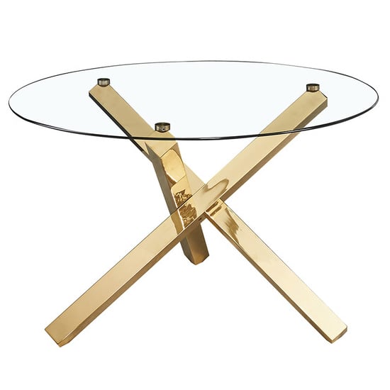 Product photograph of Cupric Round Clear Glass Dining Table With Gold Metal Legs from Furniture in Fashion