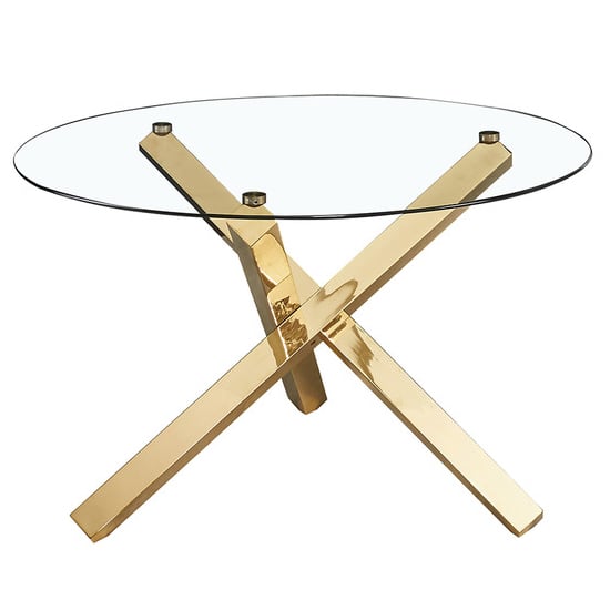 Read more about Cupric round clear glass dining table with gold metal legs