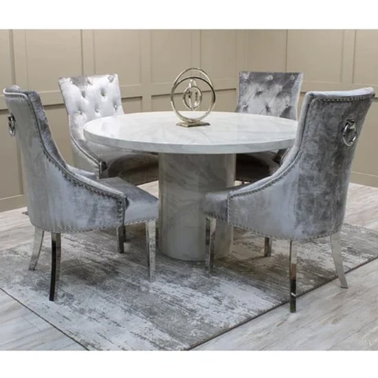 Product photograph of Cupric Round Marble Dining Table With 6 Bevin Pewter Chairs from Furniture in Fashion