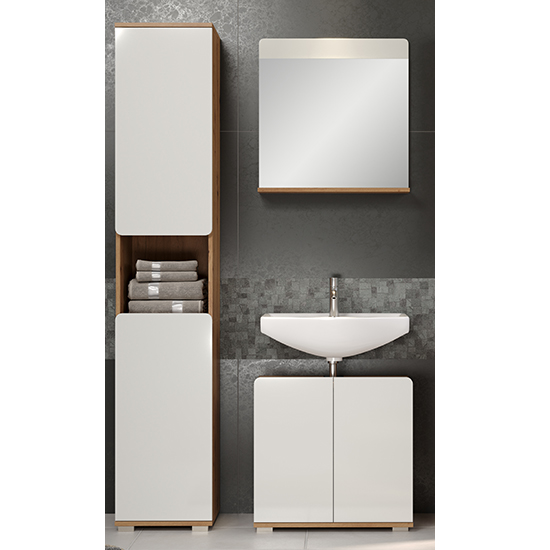 Curug High Gloss Bathroom Furniture Set 3 In White And Oak Furniture