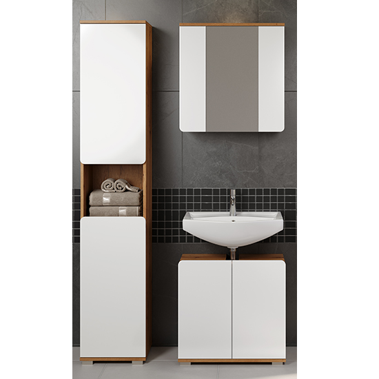 Curug High Gloss Bathroom Furniture Set 4 In White And Oak Furniture