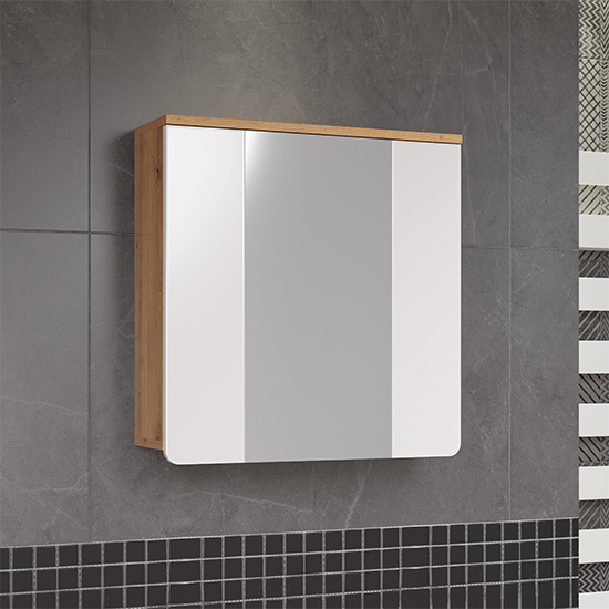 Curug High Gloss Mirrored Bathroom Cabinet In White And Oak_2